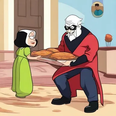 In the cartoon, the villain committed an injustice by stealing all the food from the orphanage.
