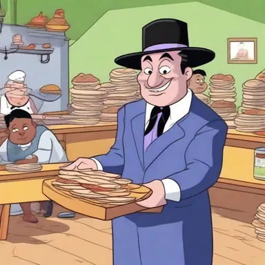 In the cartoon, the villain committed an injustice by stealing all the food from the orphanage.
