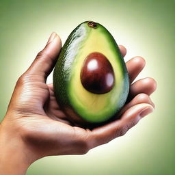 An image of high-quality, showing a human hand holding a ripe avocado