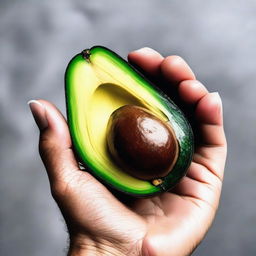 An image of high-quality, showing a human hand holding a ripe avocado