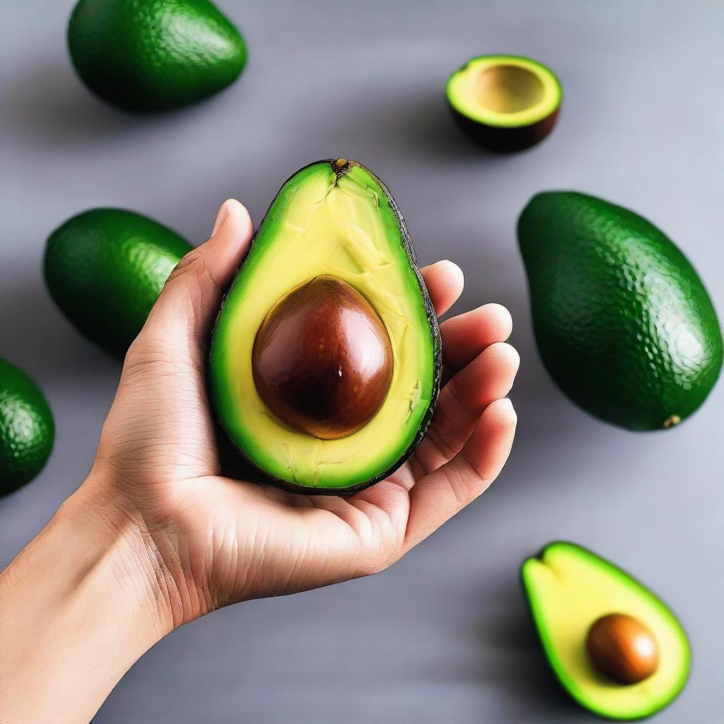 An image of high-quality, showing a human hand holding a ripe avocado