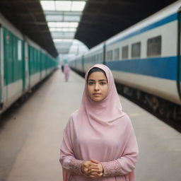 A Muslim girl attentively observing two oncoming trains, captured in the moment of anticipation. She's wearing traditional attire with the sceneries of train stations surrounding her.