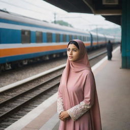 A Muslim girl attentively observing two oncoming trains, captured in the moment of anticipation. She's wearing traditional attire with the sceneries of train stations surrounding her.