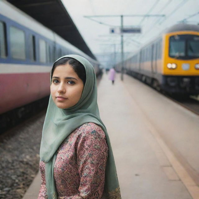 A Muslim girl attentively observing two oncoming trains, captured in the moment of anticipation. She's wearing traditional attire with the sceneries of train stations surrounding her.