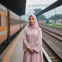 A Muslim girl attentively observing two oncoming trains, captured in the moment of anticipation. She's wearing traditional attire with the sceneries of train stations surrounding her.