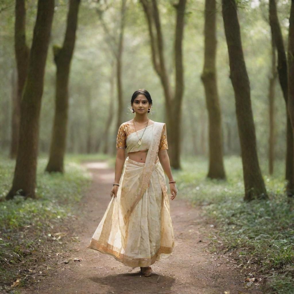 A Bengali girl gracefully walking through a lush, sundappled forest, wearing traditional attire.