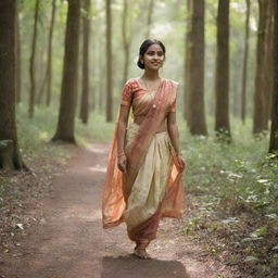 A Bengali girl gracefully walking through a lush, sundappled forest, wearing traditional attire.