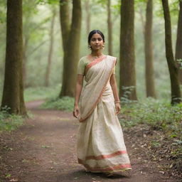 A Bengali girl gracefully walking through a lush, sundappled forest, wearing traditional attire.