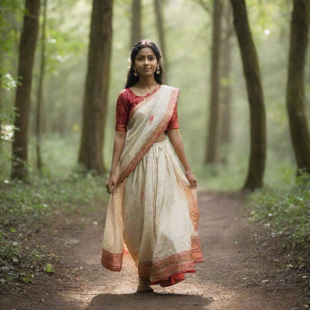 A Bengali girl gracefully walking through a lush, sundappled forest, wearing traditional attire.