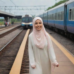 A Muslim girl with traditional hijab in awe, standing on a platform as two trains rush towards her from different directions.