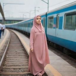 A Muslim girl with traditional hijab in awe, standing on a platform as two trains rush towards her from different directions.