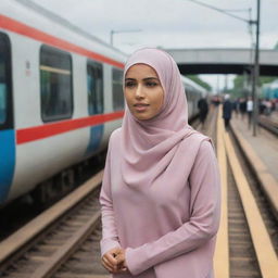 A Muslim girl with traditional hijab in awe, standing on a platform as two trains rush towards her from different directions.