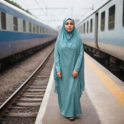 A Muslim girl with traditional hijab in awe, standing on a platform as two trains rush towards her from different directions.