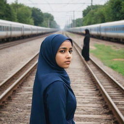 A Muslim girl wearing a traditional hijab, standing between railway tracks, watches intently as two trains approach her from opposite directions.