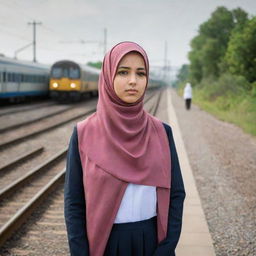 A Muslim girl wearing a traditional hijab, standing between railway tracks, watches intently as two trains approach her from opposite directions.