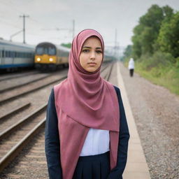 A Muslim girl wearing a traditional hijab, standing between railway tracks, watches intently as two trains approach her from opposite directions.