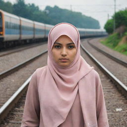 A Muslim girl wearing a traditional hijab, standing between railway tracks, watches intently as two trains approach her from opposite directions.