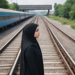 A Muslim girl wearing a traditional hijab, standing between railway tracks, watches intently as two trains approach her from opposite directions.