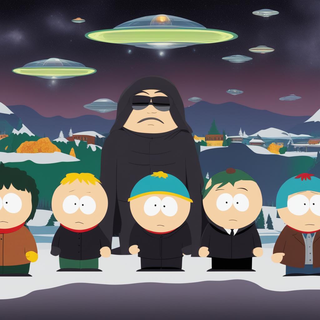 A high-quality digital art image featuring South Park characters dressed as Men in Black, standing in a South Park setting populated with extraterrestrial creatures and UFOs