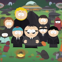 A high-quality digital art image featuring South Park characters dressed as Men in Black, standing in a South Park setting populated with extraterrestrial creatures and UFOs