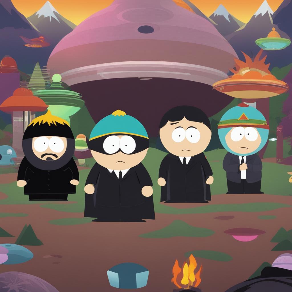 A high-quality digital art image featuring South Park characters dressed as Men in Black, standing in a South Park setting populated with extraterrestrial creatures and UFOs