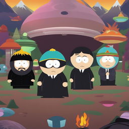A high-quality digital art image featuring South Park characters dressed as Men in Black, standing in a South Park setting populated with extraterrestrial creatures and UFOs