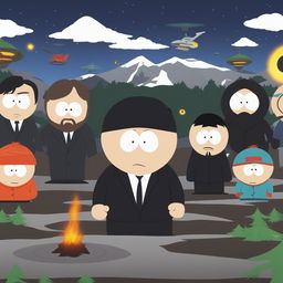 A high-quality digital art image featuring South Park characters dressed as Men in Black, standing in a South Park setting populated with extraterrestrial creatures and UFOs