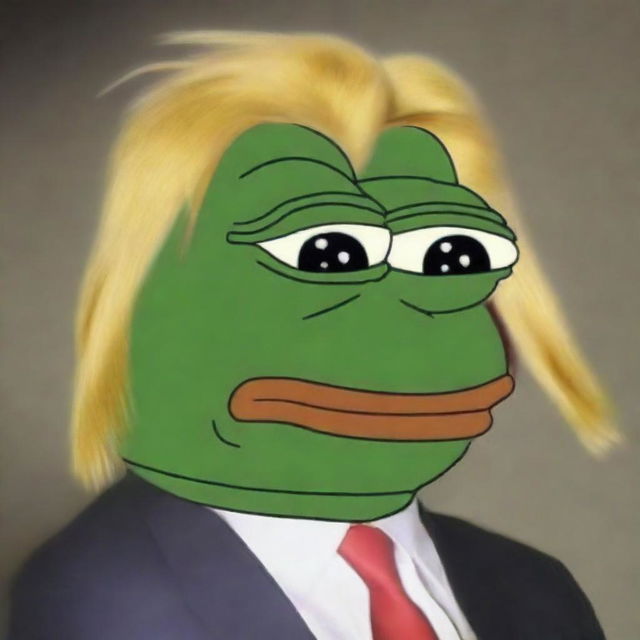 A high-quality, digital art image of big-pepe the Frog with a sad expression, now featuring Donald Trump's distinctive hairstyle