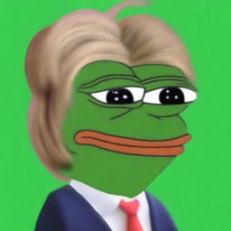 A high-quality, digital art image of big-pepe the Frog with a sad expression, now featuring Donald Trump's distinctive hairstyle