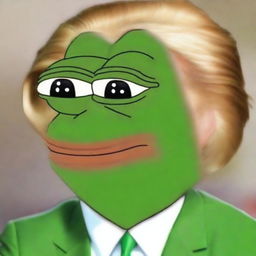 A high-quality, digital art image of big-pepe the Frog with a sad expression, now featuring Donald Trump's distinctive hairstyle