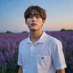 A portrait of Taehyung from BTS standing amidst a field of salvia flowers, with a dark blue sky at sunset in the background.