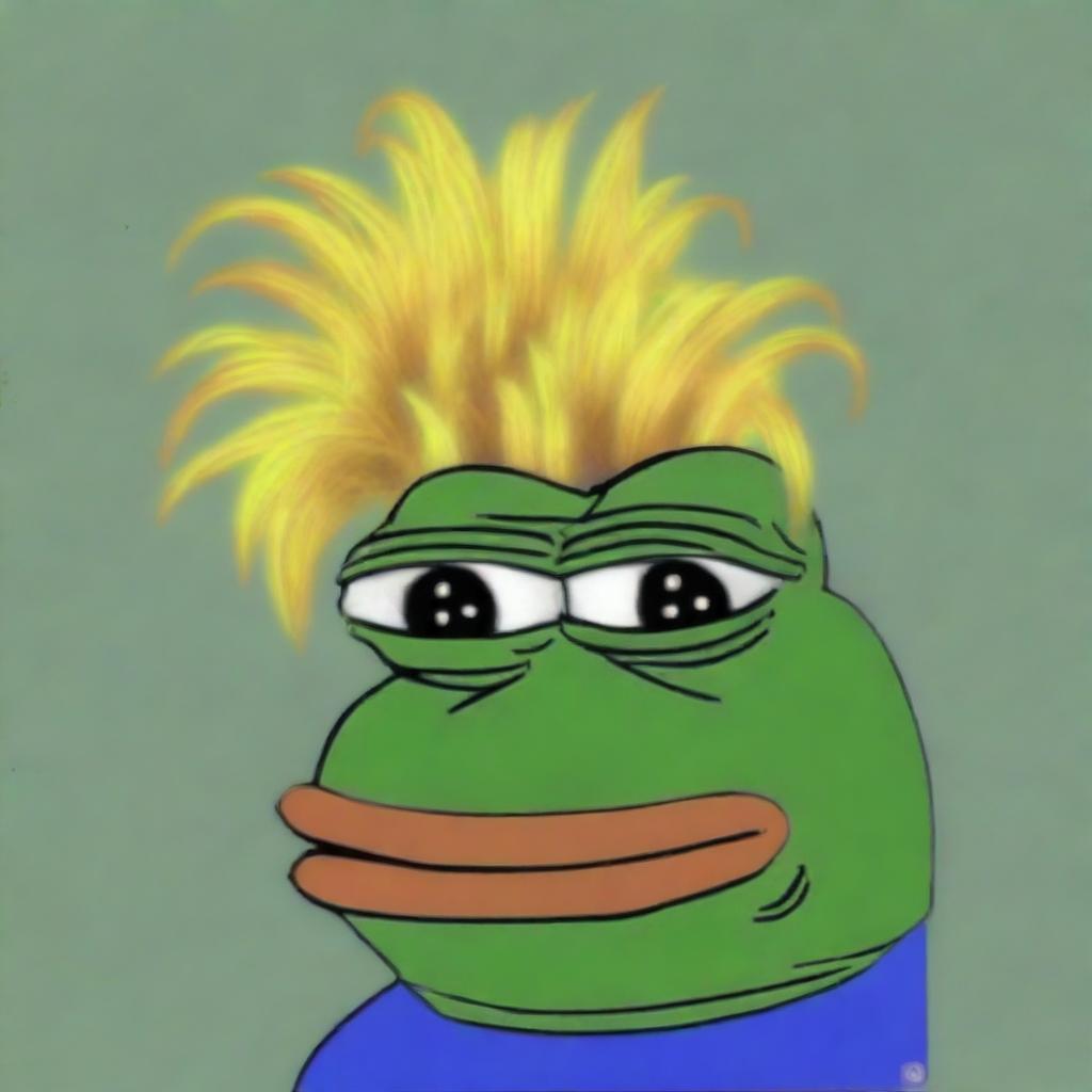 A high-quality, cartoon-style digital art image of big-pepe the Frog, now adorned with Donald Trump's distinctive hairstyle