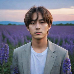 A portrait of Taehyung from BTS standing amidst a field of salvia flowers, with a dark blue sky at sunset in the background.