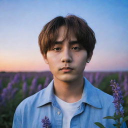 A portrait of Taehyung from BTS standing amidst a field of salvia flowers, with a dark blue sky at sunset in the background.