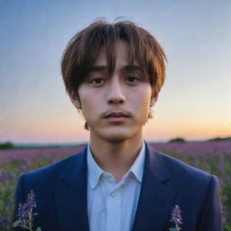 A portrait of Taehyung from BTS standing amidst a field of salvia flowers, with a dark blue sky at sunset in the background.