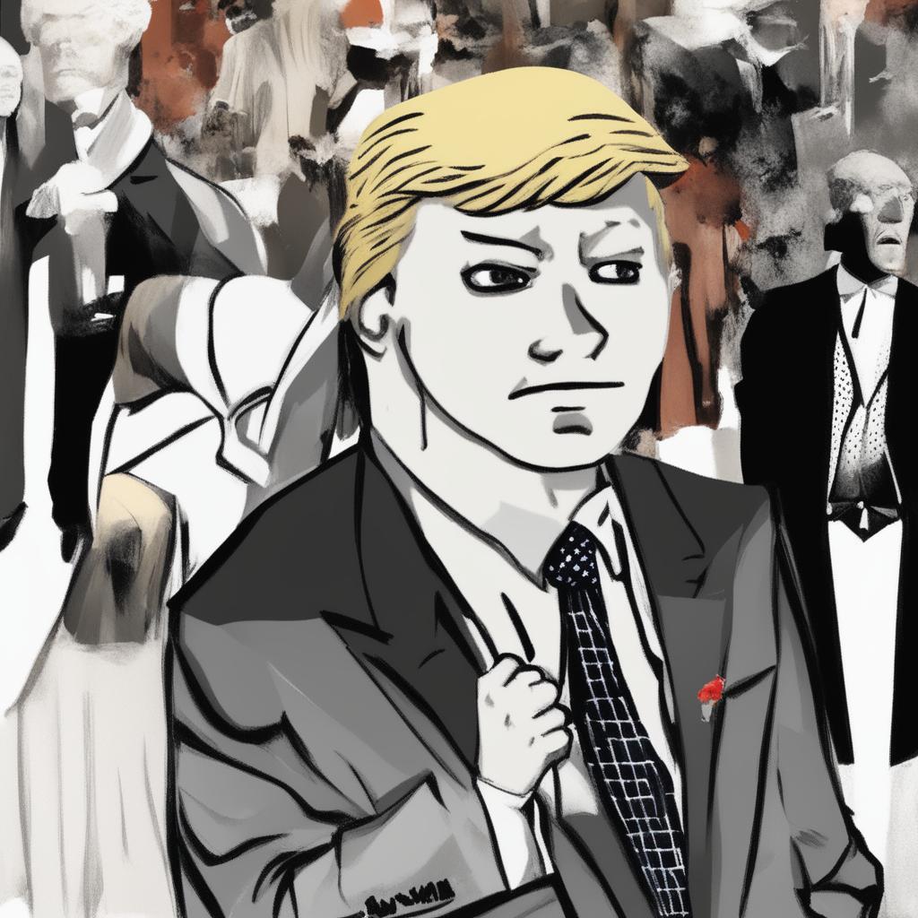 A digital art image in the Wojak meme style, featuring a character representing Donald Trump in a mafia suit