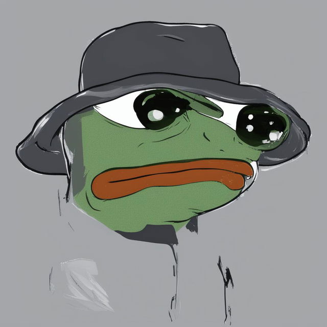 A high-quality digital art image of big-pepe the Frog wearing a gray fedora and looking unamused, set against a white background