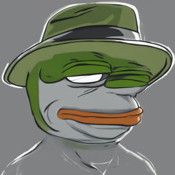 A high-quality digital art image of big-pepe the Frog wearing a gray fedora and looking unamused, set against a white background