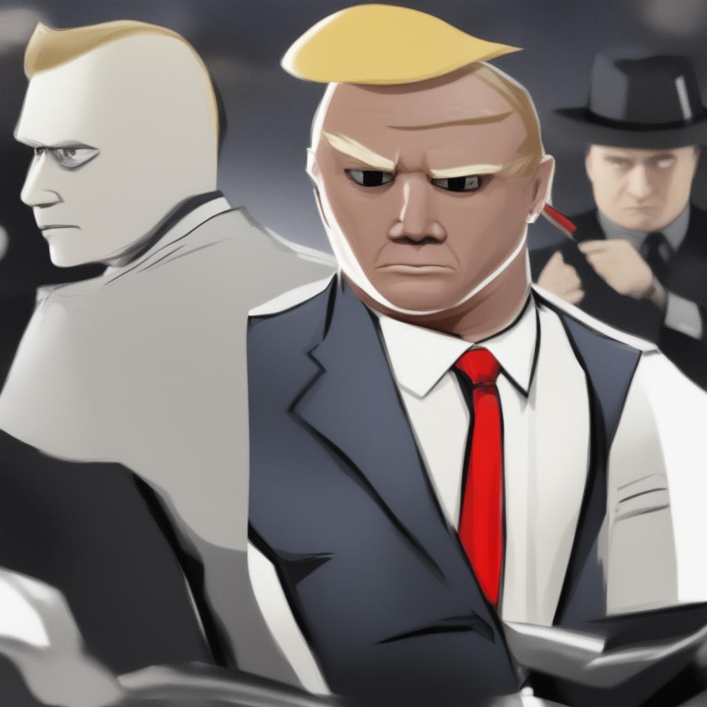 A digital art image in the Wojak meme style, featuring a character representing Donald Trump in a mafia suit