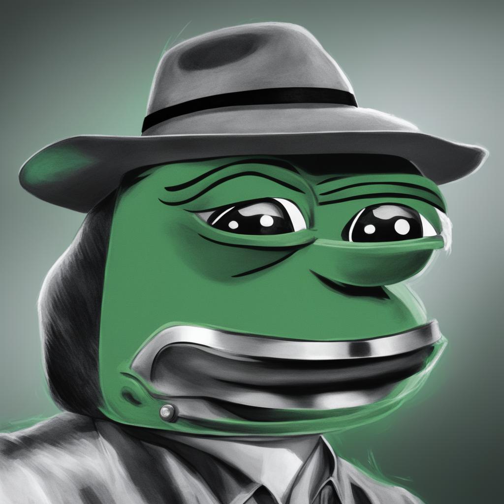 A high-quality digital art image of big-pepe the Frog wearing a gray fedora