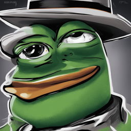 A high-quality digital art image of big-pepe the Frog wearing a gray fedora