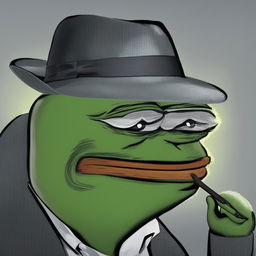 A high-quality digital art image of big-pepe the Frog wearing a gray fedora