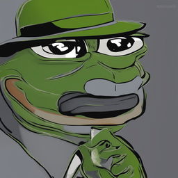 A high-quality digital art image of big-pepe the Frog wearing a gray fedora