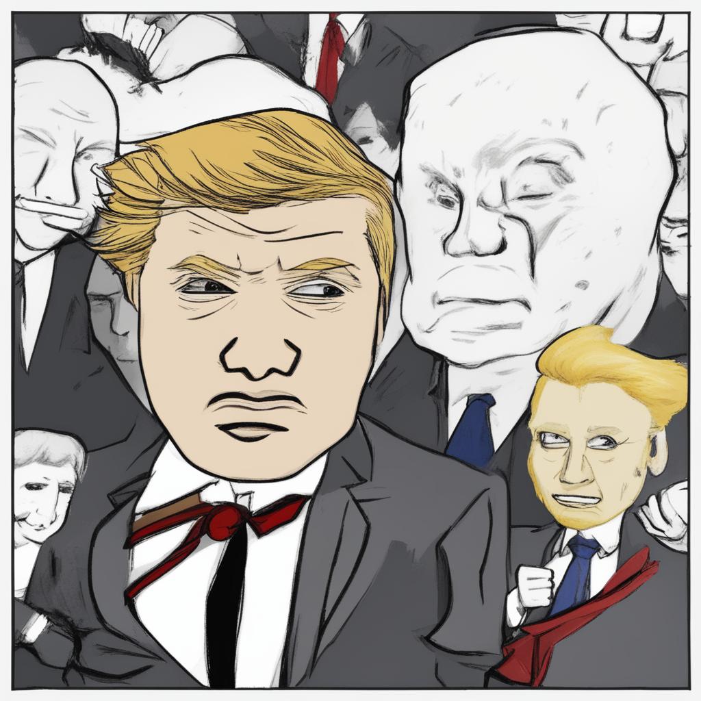 A digital art image in the Wojak meme style, featuring a character representing Donald Trump