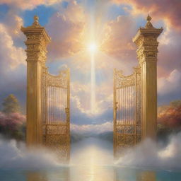 A serene depiction of heaven, with golden gates, shining light from the clouds, and beautiful ethereal landscapes filled with vibrant hues