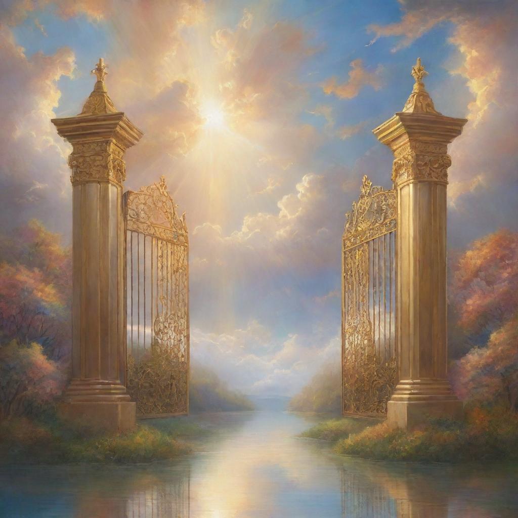 A serene depiction of heaven, with golden gates, shining light from the clouds, and beautiful ethereal landscapes filled with vibrant hues