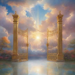 A serene depiction of heaven, with golden gates, shining light from the clouds, and beautiful ethereal landscapes filled with vibrant hues