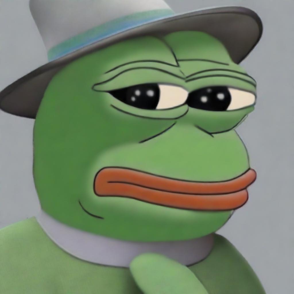 Presenting a high-quality digital art image of big-pepe the Frog, donning a gray fedora