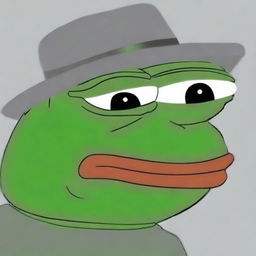 Presenting a high-quality digital art image of big-pepe the Frog, donning a gray fedora