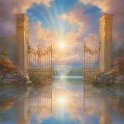 A serene depiction of heaven, with golden gates, shining light from the clouds, and beautiful ethereal landscapes filled with vibrant hues